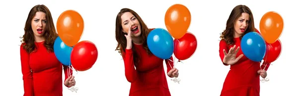 Set mooi jong meisje houdt van ballonnen en schreeuwen — Stockfoto