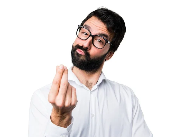 Bonito homem com óculos fazendo gesto de dinheiro — Fotografia de Stock