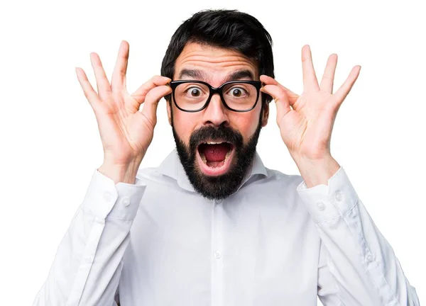 Pohledný muž s brýlemi překvapení gesto — Stock fotografie