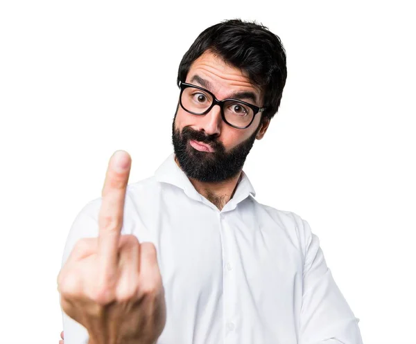 Pohledný muž s brýlemi roh gesto — Stock fotografie