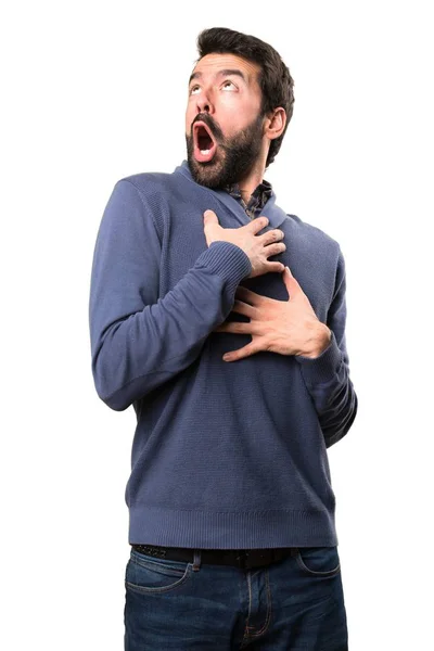 Handsome brunette man with beard in love on white background — Stock Photo, Image