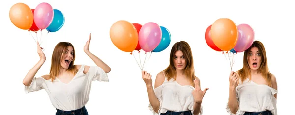 Set de Hermosa jovencita sosteniendo un globo y haciendo sorpresas — Foto de Stock