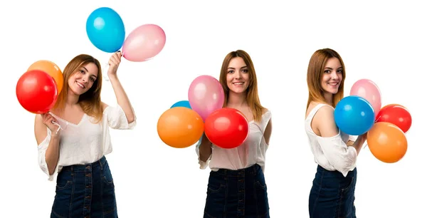 Conjunto de feliz hermosa joven sosteniendo un globo — Foto de Stock