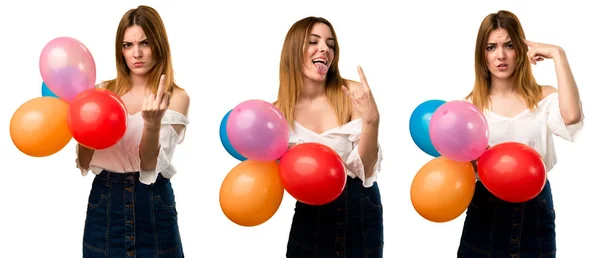 Set di Bella ragazza in possesso di un palloncino e fare roccia ge — Foto Stock