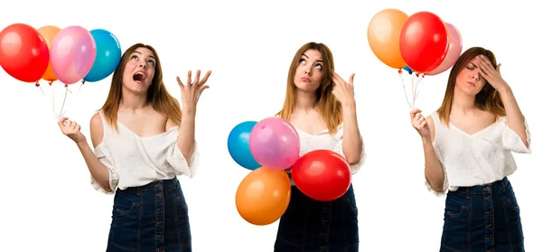 Set of Frustrated beautiful young girl holding a balloon — Stock Photo, Image