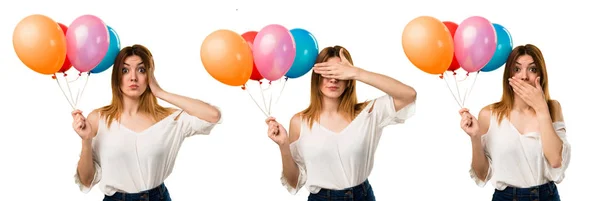 Set von schönen jungen Mädchen mit einem Luftballon und bedeckt ihre E — Stockfoto
