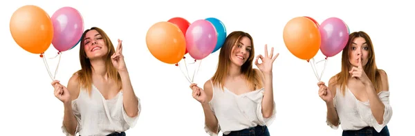 Conjunto de Hermosa joven sosteniendo un globo y haciendo señal OK — Foto de Stock