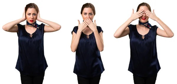 Set di bella hostess che copre la bocca, le orecchie e gli occhi — Foto Stock