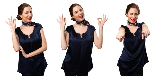 Set of Pretty stewardess making OK sign — Stock Photo, Image