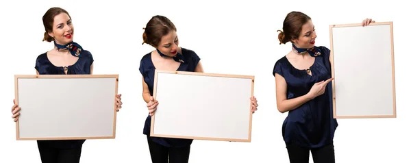 Set of Pretty stewardess holding an empty placard — Stock Photo, Image