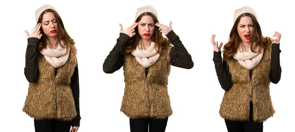 Set of Girl with winter clothes making suicide gesture — Stock Photo, Image