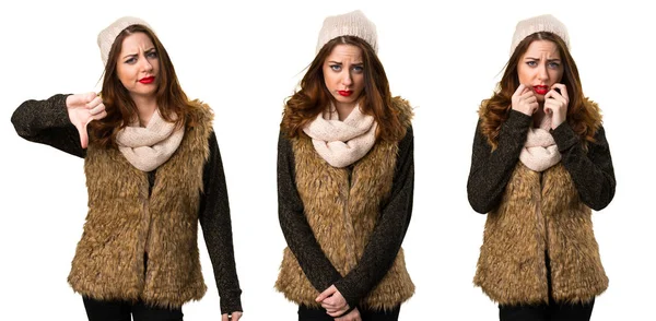 Sada smutná dívka s zimní oblečení — Stock fotografie