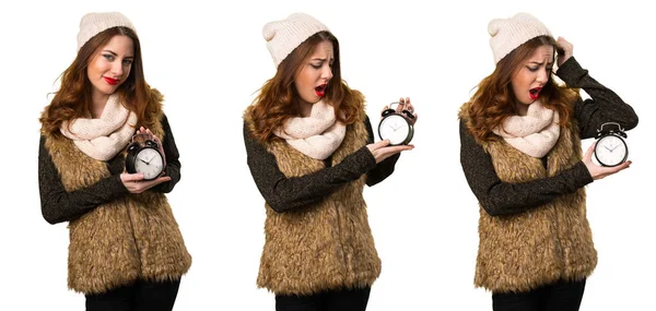 Set of Girl with winter clothes holding vintage clock — Stock Photo, Image