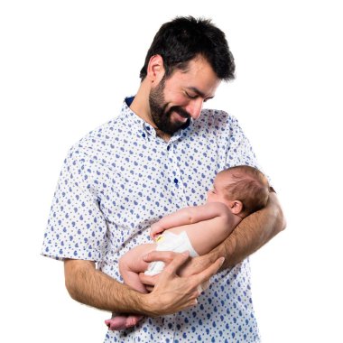 Mutlu genç Baba ile onun yeni doğan bebek