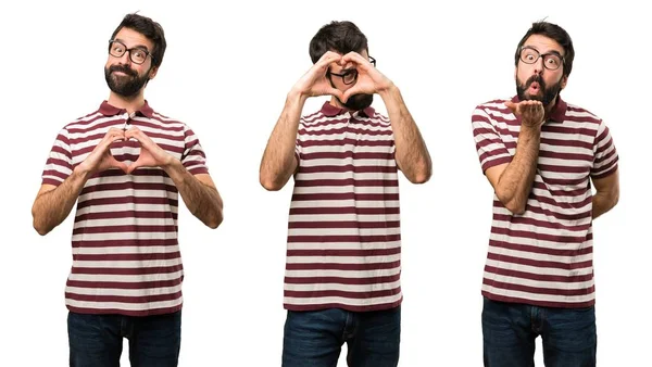 Conjunto de Homem com óculos fazendo um coração com as mãos — Fotografia de Stock