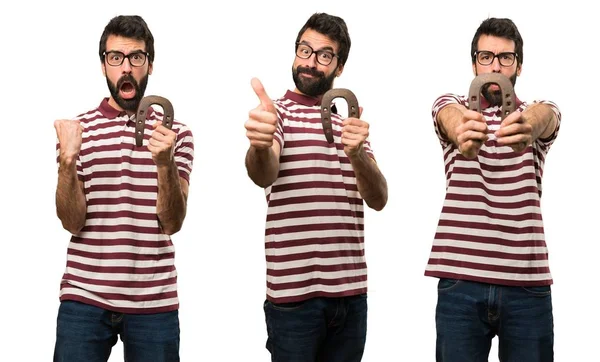 Комплект Happy Man в очках с подковою — стоковое фото