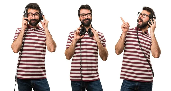 Set of Happy Man with glasses listening music — Stock Photo, Image