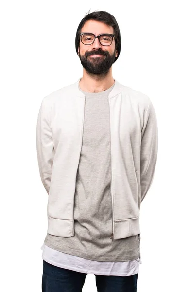 Hipster ευτυχισμένος άνθρωπος σε λευκό φόντο — Φωτογραφία Αρχείου