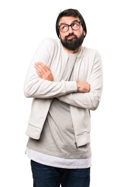 Hipster man gör oviktigt gest på vit bakgrund — Stockfoto