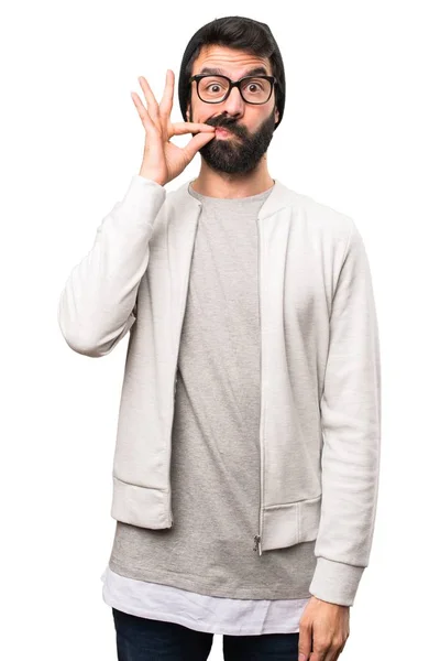 Hipster man gör tystnad gest på vit bakgrund — Stockfoto
