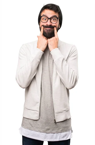 Homem hipster feliz no fundo branco — Fotografia de Stock