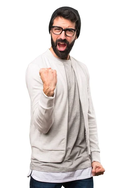 Lucky hipster man on white background — Stock Photo, Image