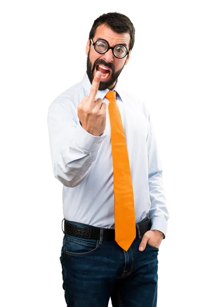 Homem engraçado com óculos fazendo gesto chifre — Fotografia de Stock