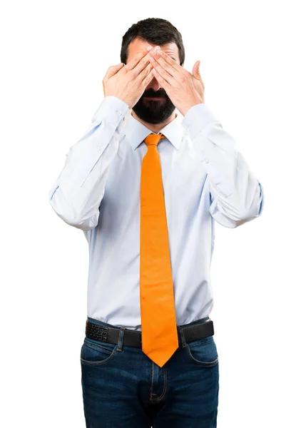 Funny man with glasses covering his eyes — Stock Photo, Image