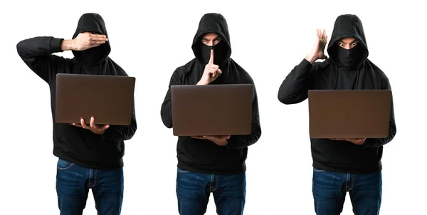 Conjunto de Hacker com seu computador fazendo gesto de silêncio, annd sur — Fotografia de Stock