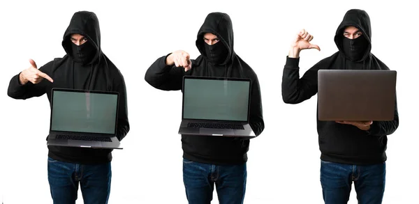 Set van Hacker met zijn computer wijzen aan de voorkant en aan de — Stockfoto