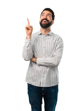 Ben büyük bir işaret parmağı ile işaret sakallı yakışıklı adam