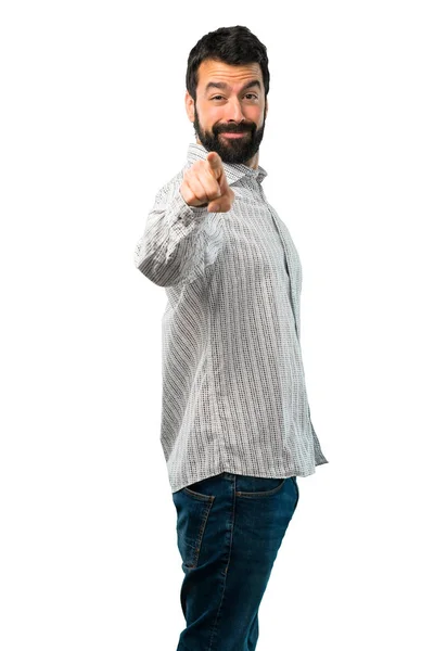 Handsome man with beard points finger at you — Stock Photo, Image