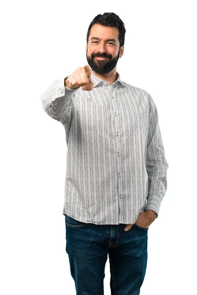 Homem bonito com barba aponta o dedo para você — Fotografia de Stock