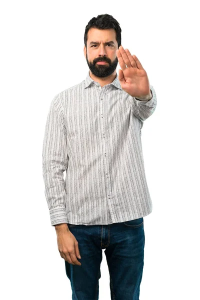 Bonito homem com barba fazendo parar gesto com a mão — Fotografia de Stock