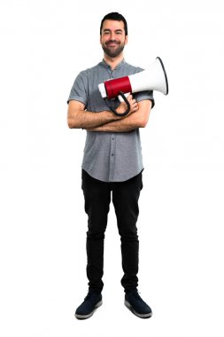 Yakışıklı adam bir megafon holding