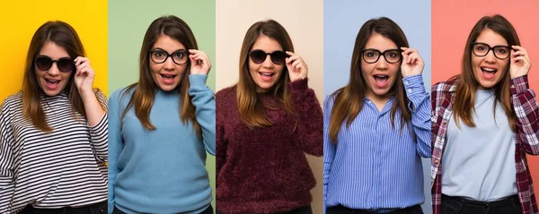 Uppsättning Kvinna Med Glasögon Och Förvånad — Stockfoto