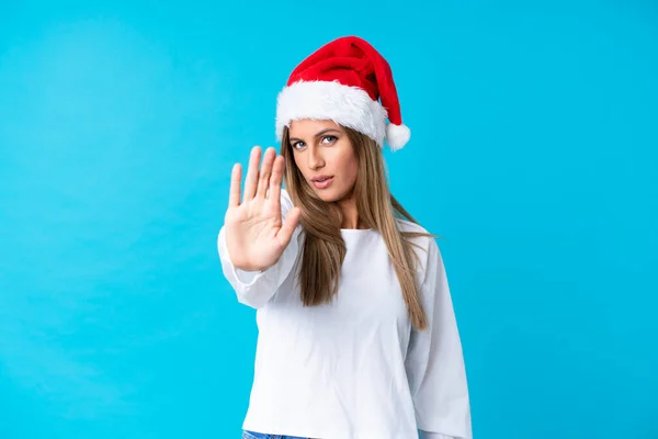 Girl Christmas Hat Isolated Background Making Stop Gesture Her Hand — Stock Photo, Image