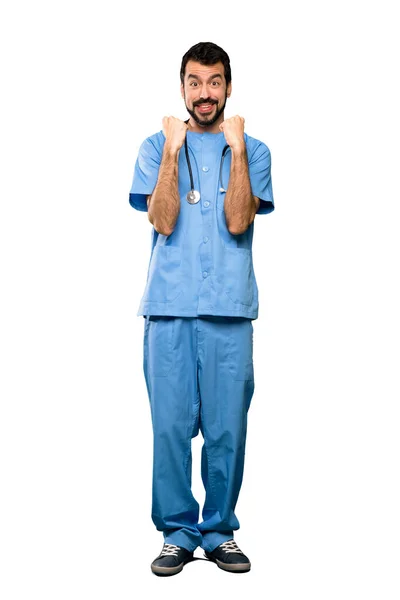 Full Length Shot Surgeon Doctor Man Celebrating Victory Winner Position — Stock Photo, Image