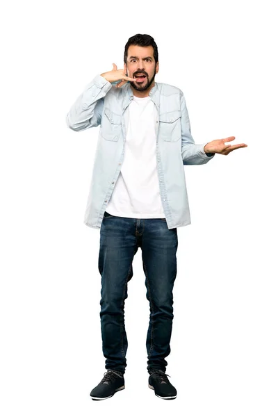Full Length Shot Handsome Man Beard Making Phone Gesture Doubting — Stock Photo, Image