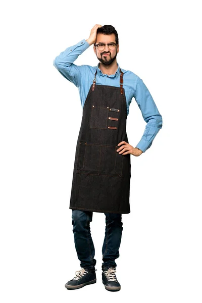 Full Length Shot Man Apron Expression Frustration Understanding Isolated White — Stock Photo, Image