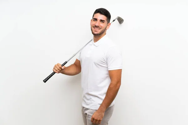 Guapo joven jugador de golf hombre sobre fondo blanco aislado — Foto de Stock
