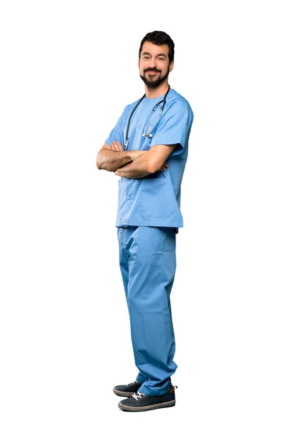 Full Length Colpo Chirurgo Medico Uomo Con Braccia Incrociate Guardando — Foto Stock