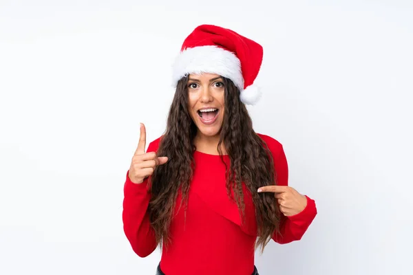Chica Con Sombrero Navidad Sobre Fondo Blanco Aislado Con Expresión —  Fotos de Stock