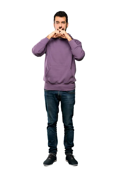 Tiro Completo Homem Bonito Com Camisola Mostrando Sinal Gesto Silêncio — Fotografia de Stock