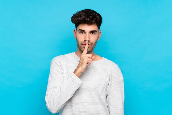 Young Man Isolated Blue Background Showing Sign Silence Gesture Putting — Stock Photo, Image