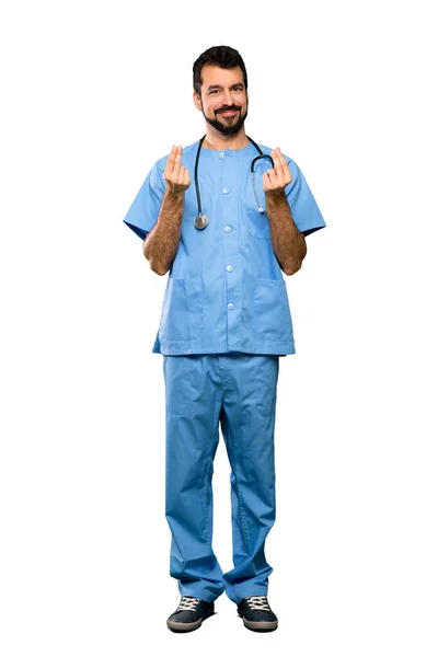 Full Length Shot Surgeon Doctor Man Making Money Gesture Isolated — Stock Photo, Image