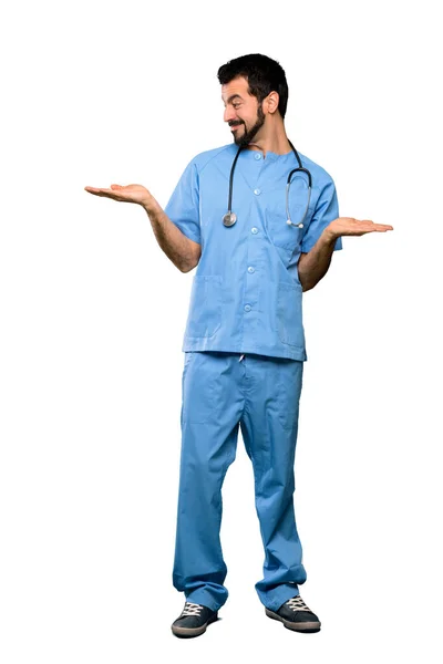 Full Length Shot Surgeon Doctor Man Holding Copyspace Two Hands — Stock Photo, Image