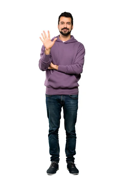 Full Length Shot Handsome Man Sweatshirt Counting Five Fingers Isolated — Stock Photo, Image