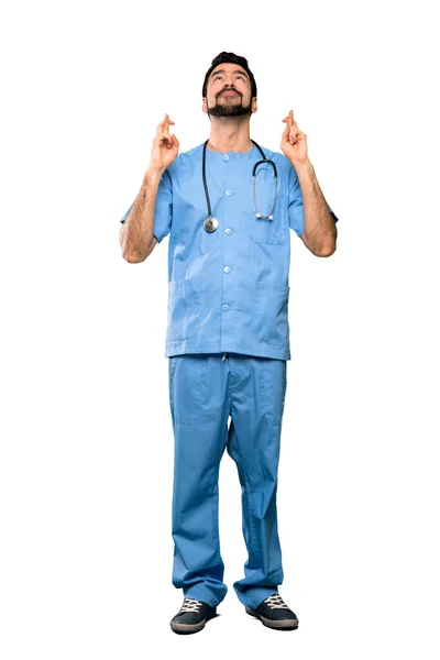 Full Length Colpo Chirurgo Medico Uomo Con Dita Incrociate Augurando — Foto Stock