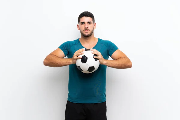 Guapo Joven Futbolista Hombre Sobre Aislado Blanco Pared —  Fotos de Stock